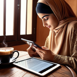 ** A person reading a book on a tablet while sipping Arabic coffee in a cozy setting. Emphasize self-learning and staying updated in a professional field.

**