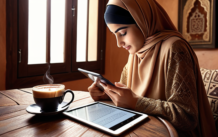 ** A person reading a book on a tablet while sipping Arabic coffee in a cozy setting. Emphasize self-learning and staying updated in a professional field.
**