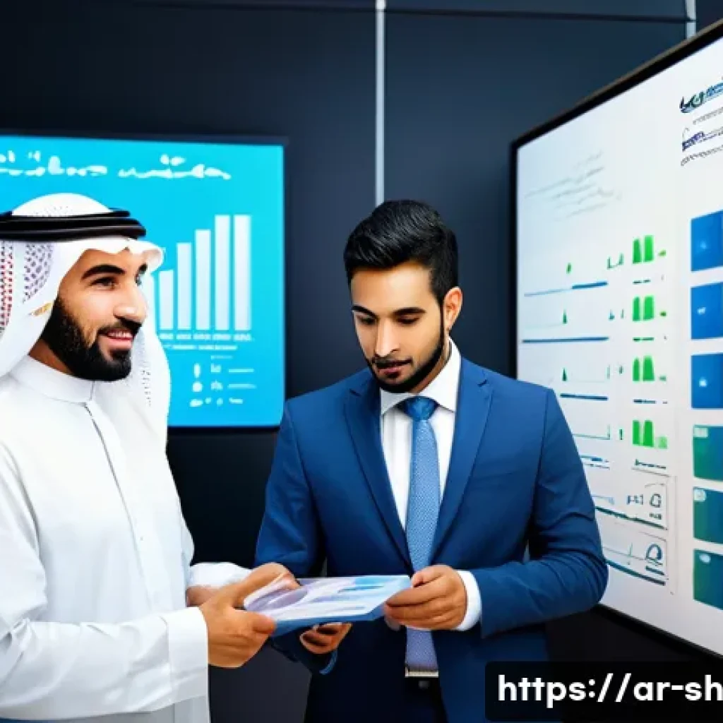 지식 갭 평가 도구 비교 - A modern office scene showing a diverse group of Arab professionals collaborating around a digital d...