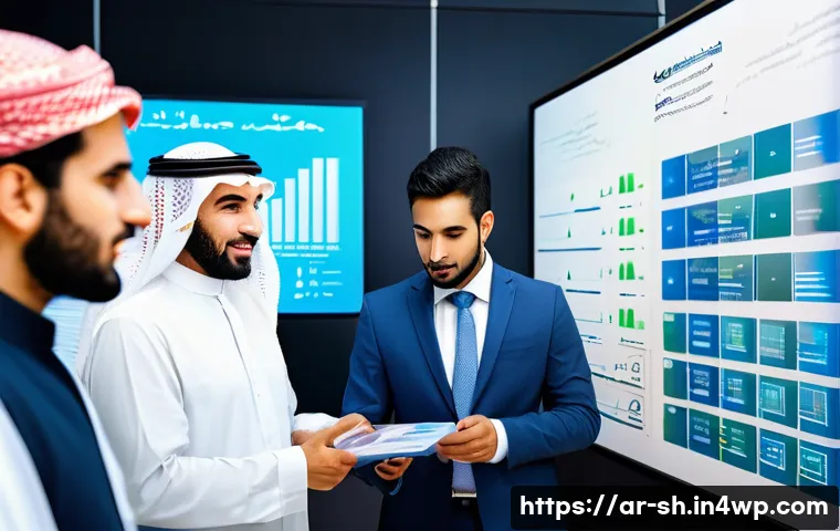 지식 갭 평가 도구 비교 - A modern office scene showing a diverse group of Arab professionals collaborating around a digital d...