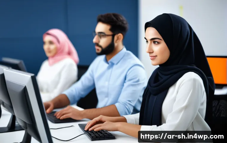 조직 내 지식 갭 찾기 - A modern Arab office environment showing a diverse group of professional employees engaged in a prac...