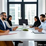 Home 20 지식 갭 해결을 위한 팀워크의 중요성 - A diverse team of Middle Eastern professionals collaborating enthusiastically in a modern office set...