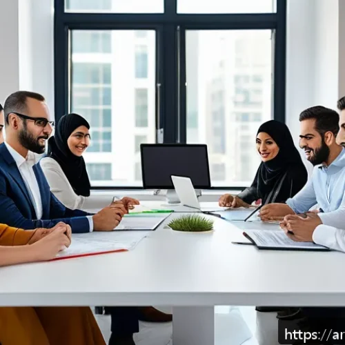 Home 32 지식 갭 해결을 위한 팀워크의 중요성 - A diverse team of Middle Eastern professionals collaborating enthusiastically in a modern office set...
