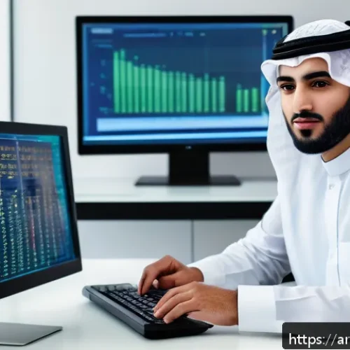 Home 31 지식 갭 해결을 위한 연구 결과 분석 - A professional Arab researcher sitting at a modern desk in a well-lit office, analyzing complex quan...