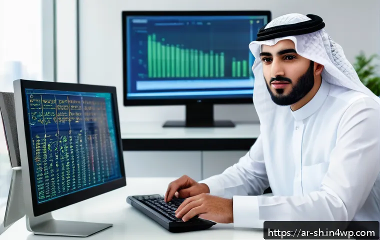 지식 갭 해결을 위한 연구 결과 분석 - A professional Arab researcher sitting at a modern desk in a well-lit office, analyzing complex quan...