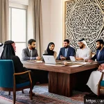 Home 18 지식 갭 분석을 위한 질문 기법 - A modern office meeting scene featuring a diverse group of Middle Eastern professionals engaged in a...