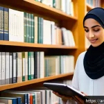 Home 23 지식 갭을 이해하는 데 필요한 기본 개념 - A scholarly Middle Eastern female researcher in a modern library setting, surrounded by stacks of ac...
