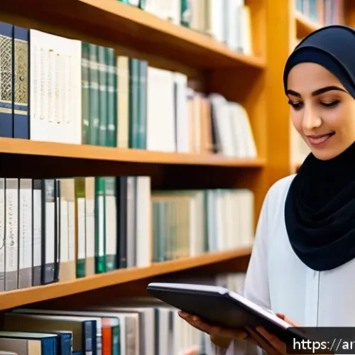 Home 17 지식 갭을 이해하는 데 필요한 기본 개념 - A scholarly Middle Eastern female researcher in a modern library setting, surrounded by stacks of ac...