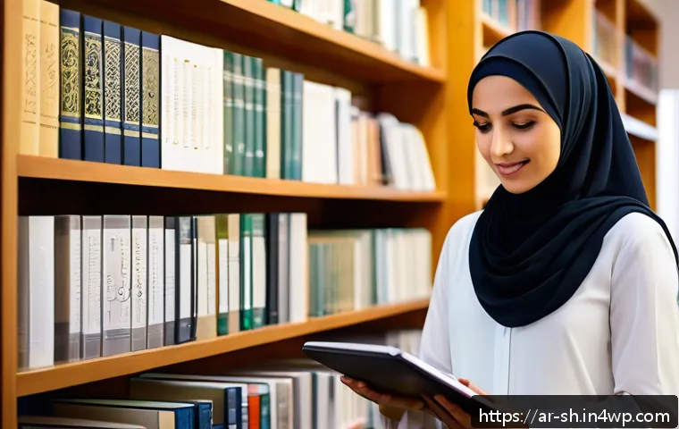 지식 갭을 이해하는 데 필요한 기본 개념 - A scholarly Middle Eastern female researcher in a modern library setting, surrounded by stacks of ac...